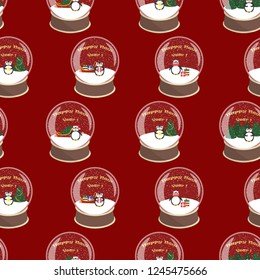 Pattern with snow globes. Gifts, penguins, christmas trees and snowflakes on red background.