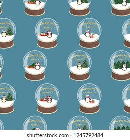 Pattern with snow globes, gifts, penguins, christmas trees and snowflakes on blue background.
