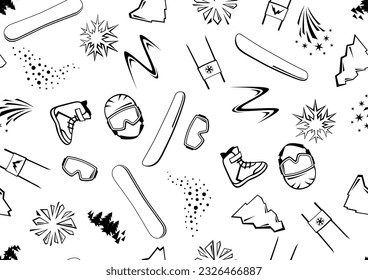 Pattern with snowboarding items. Winter sport illustration.