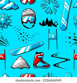 Pattern with snowboarding items. Winter sport illustration.
