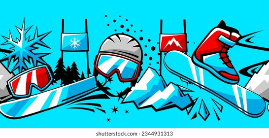 Pattern with snowboarding items. Winter sport illustration.