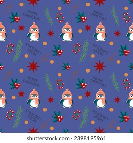 a pattern with snowflakes on a blue background, and also a penguin, Christmas tree branches and a Christmas star on the pattern. Gift wrap
