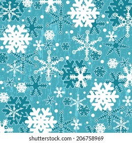 Pattern with snowflakes on blue grunge background, vector illustration