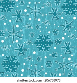 Pattern with snowflakes on blue grunge background, vector illustration