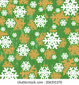 Pattern with snowflakes on green grunge background, vector illustration