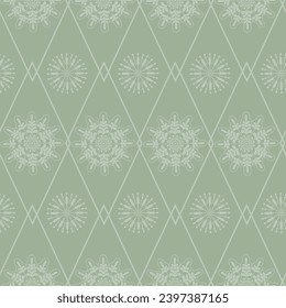 A pattern with snowflakes. Seamless pattern with snowflakes and geometric shapes on a green background. Winter geometric pattern. Vector illustration