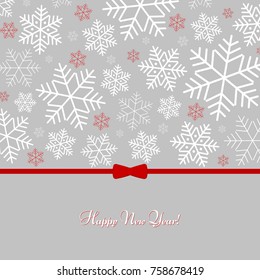 Pattern with snowflakes with text Happy New Year Winter background for New Year and Christmas holiday Pattern for greeting card posters  wallpaper covers Background template with ribbon and bow Vector