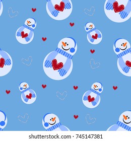 pattern of  snowman dressed in a headphones and a scarf on a blue background with hearts