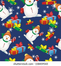 pattern with snowman and gifts on blue background