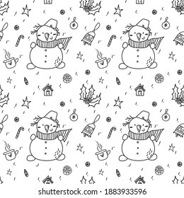 Pattern with a snowman, holly and holiday branches on a white background