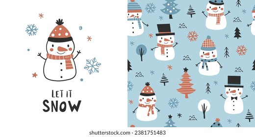 Сhildish pattern with snowman, winter greeting card. Christmas seamless background, cute vector texture for kids bedding, fabric, wallpaper, wrapping paper, textile, t-shirt print
