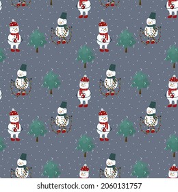 A pattern with snowmen around a Christmas tree with garlands. Winter background for textiles with snow characters. Happy New Year and Merry Christmas. Vector illustration