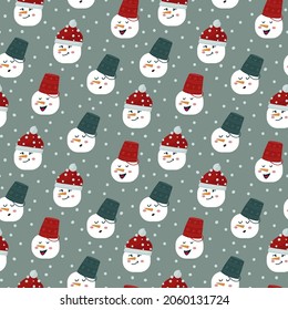 A pattern with snowmen in a red hat and a bucket. Snowmen with a carrot for a nose. Textile background with snow characters. Happy New Year and Merry Christmas. Vector illustration