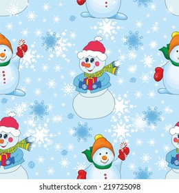 pattern with snowmen and snowflakes. vector