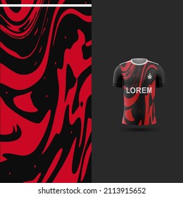Pattern Soccer jersey and t-shirt sport mockup template, Graphic design for football kit or activewear uniforms. Liquid red black theme with 3d preview