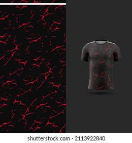 Pattern Soccer jersey and t-shirt sport mockup template, Graphic design for football kit or activewear uniforms. Black red rustic theme with 3d preview