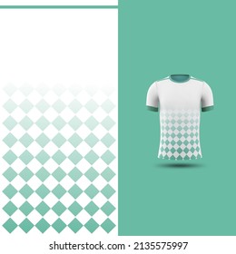 Patrón camiseta de fútbol y plantilla de simulación deportiva de camisetas, Diseño gráfico para kit de fútbol o uniformes de ropa activa. Tema de Diamante cian con previsualización en 3d