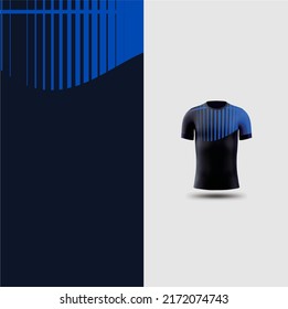 Patrón camiseta de fútbol y plantilla de simulación deportiva de camisetas, Diseño gráfico para kit de fútbol o uniformes de ropa activa. Tema de patrón de franja azul con vista previa 3d