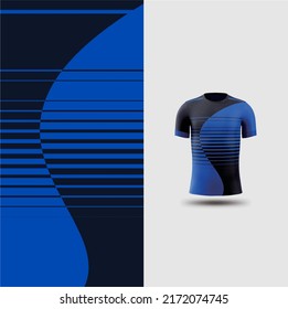 Muster-Mockup-Vorlage für Fußball-Trikots und T-Shirt-Sportbekleidung, Grafikdesign für Fußball-Bausatz oder Aktiv-Trageuniformen. Blauer Streifen Muster-Theme mit 3D-Vorschau