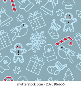 Pattern in soft blue tones from snow-covered Christmas trees, boxes with gifts, striped lollipops, gingerbread men, centers, snowflakes, bells - image of the approaching holidays.