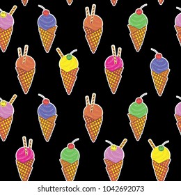 Pattern with soft ice cream in the favelium cone. Biscuit. Cocktail cherry.  Set 1
