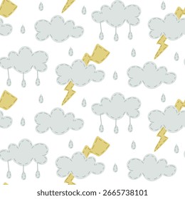 Pattern soft pillow in the shape of clouds. Cloud with lightning, with drops. Nature. Flat isolated colorful seamless texture. Cute handmade decor. Love, comfort for children. Packaging for children's