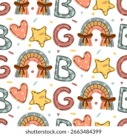 A pattern of soft pillows in different shapes. It features the letters G and B, a rainbow made of fabric, a fluffy star, and a heart. A flat, colorful, seamless texture with doodles. Soft objects