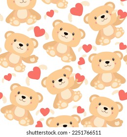 Pattern of soft toys. A beige bear with a toy in his hands and in different poses. Background for printing on textiles and paper. Gift packaging for children's parties. Background for boys and girls