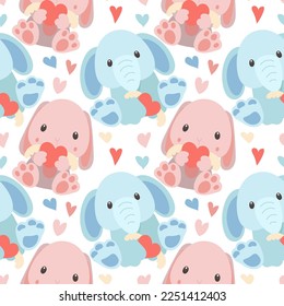 A pattern of soft toys. A blue elephant and a pink hare with toys in their hands and different poses. Pattern for printing on textiles and paper. Gift packaging for children's parties. Boys and girls