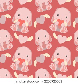 Pattern of soft toys. Pink rabbit with a toy in his hands and in different poses. Background for printing on textiles and paper. Gift packaging for children's parties. Background for boys and girls