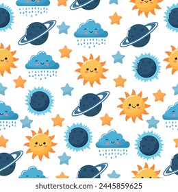 Pattern of the Solar system, Sun, Moon, planets. Baby illustration in flat style