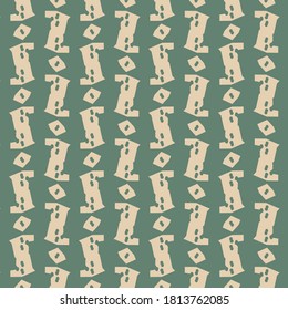 Pattern with some doodle icons, letters or weirder signs. Decoration in dark green and pink. Textile design.