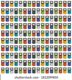 A pattern of some portable videogames in different colors, very colorful. Videogame icon in flat design. Classic 90s. Game Boy color.