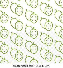 Patrón de Soursop en color verde sobre fondo transparente (PNG) con mini doodles (iconos). Ilustración vectorial