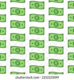 Patrón de billetes sudafricanos Rands en fondo transparente con mini doodle (icono) y color verde. Ilustración vectorial