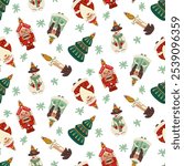 pattern of Soviet Christmas tree toys. Glass toys in snowflakes. Snowman, Santa Claus, snow maiden, nutcracker, Christmas tree, candle, illustrations in vintage colors. Festive Christmas texture