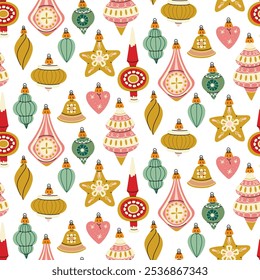 A pattern of Soviet Christmas tree toys of various shapes. Glass toys. The illustration is made in vintage colors, the objects are round, elongated, and varied. Seamless color texture for printing