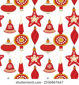 pattern of Soviet Christmas tree toys of various shapes. Glass toys in red colors. illustration is made in vintage colors, the objects are round, elongated, and diverse. Seamless texture for printing