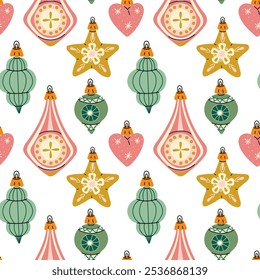 motif de jouets soviétiques d'arbres de Noël de diverses formes. Les jouets en verre sont colorés. L'illustration est réalisée dans des couleurs vintage, les objets sont ronds, allongés, variés. Texture de couleur harmonieuse pour impression