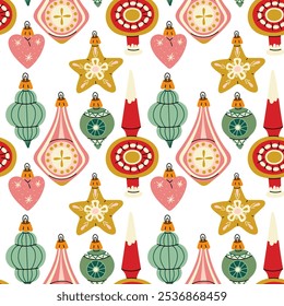 A pattern of Soviet Christmas tree toys of various shapes. Glass toys. The illustration is made in vintage colors, the objects are round, elongated, and diverse. Seamless texture for printing