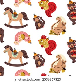 A pattern of Soviet Christmas tree toys. Glass toys. Animals bear, monkey, bird, squirrel, fish, horse, illustrations in vintage colors, forest motifs, objects. Festive texture for printing