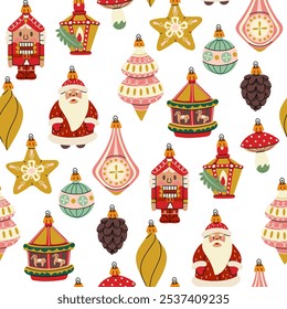 padrão de brinquedos de árvore de Natal soviéticos na forma de vários objetos, animais e pessoas. Brinquedos de vidro. Ilustrações em cores vintage, itens de joias. Artigos de decoração festiva para decoração da árvore de Natal