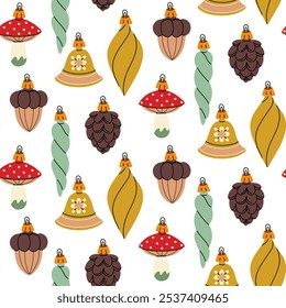 pattern of Soviet Christmas tree toys. Glass toys. Bell, icicle, fly agaric, acorn, cone, illustrations in vintage tones, forest motifs, objects. Festive decor items for decorating the Christmas tree