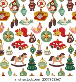 pattern of Soviet Christmas tree toys in the form various objects, animals and people. Glass toys. Illustrations in vintage colors, decoration items. Festive decor items for decorating Christmas tree