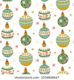 pattern of Soviet round-shaped Christmas tree toys. Toys made of glass. illustration is made in vintage colors, objects with round patterns on white. Festive decor items for decorating Christmas tree