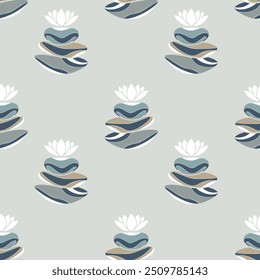 Pattern of spa stones and lotus flower, spa and beauty, healthy lifestyle. Zen stones balance, harmony. Natural stones of abstract flowing shapes in boho style.