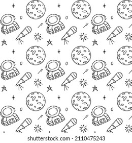 Muster mit Raumastronaut, einem Meteoriten im Dodle-Stil. Weltraum, Wissenschaft. Vektorgrafik