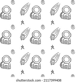 pattern with a space astronaut, a doodle-style meteorite. Space, science. Vector