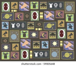 Pattern with the space characters. Vector background of alien monsters.