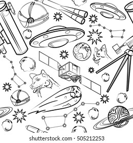 Pattern with space elements. Astronaut, Earth, Saturn, Moon, UFO, Rocket Comet Constellation Sputnik and stars